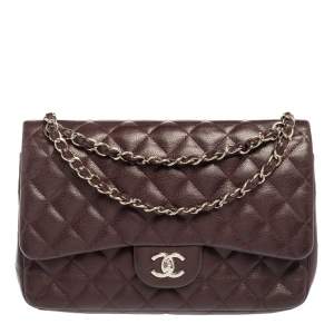 Pre Owned Chanel Brown Quilted Caviar Leather Jumbo Classic Double Flap Bag