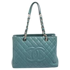 Pre Owned Chanel Blue Quilted Caviar Leather Grand Shopper Tote