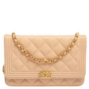 Pre Owned Chanel Beige Quilted Caviar Leather Boy Wallet on Chain