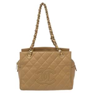 Pre Owned حقيبة يد توتس شانيل بيتيت تايمليس شوبر جلد بيج كافيار مبطن