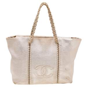 Pre Owned Chanel Metallic Beige Leather Modern Chain E/W Tote