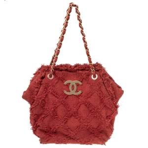 Pre Owned حقيبة يد توتس شانيل تويد جلد أحمر مبطن