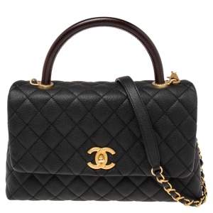 Pre Owned Chanel Black/Burgundy Caviar Leather Medium Coco Top Handle Bag