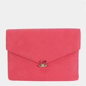 Chanel Pink Leather Caviar Quilted CC Envelope Clutch