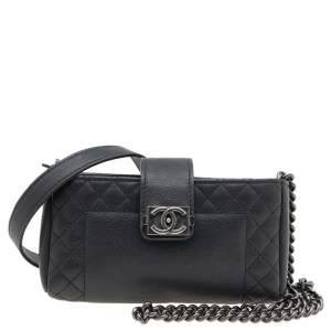 Pre Owned Chanel Black Quilted Leather Reverso Boy Phone Holder Chain Clutch