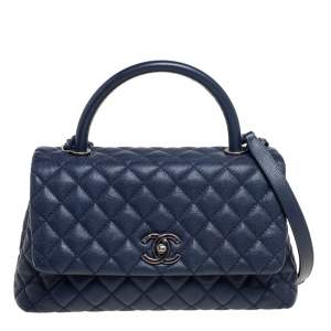 Pre Owned Chanel Navy Blue Quilted Caviar Leather Medium Coco Flap Top Handle Bag