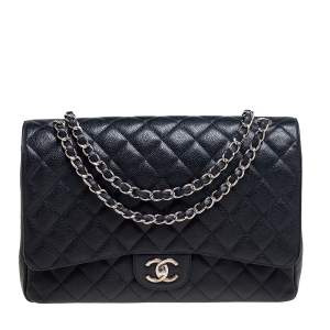 Pre Owned حقيبة شانيل ماكسي كلاسيك جلد كافيار مبطن أسود بقلاب مزدوج