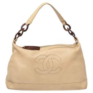 Pre Owned Chanel Nude Beige Caviar Leather CC Wood Chain Hobo