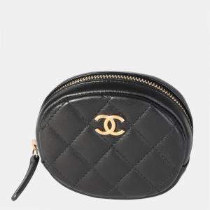Chanel Black Lambskin Leather Round Quilted Coin Purse