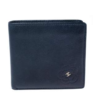 Chanel Dark Blue Leather CC Camellia Bifold Wallet