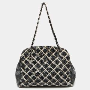 Pre Owned Chanel Black Woven Stitch Patent Leather Medium Just Mademoiselle Bag