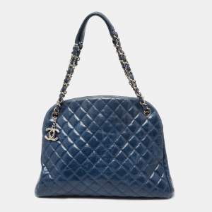 Pre Owned Chanel Blue Glazed Crackled Quilted Patent Large Just Mademoiselle Bowler Bag
