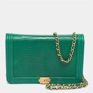 Chanel Green Lizard and Leather Boy Wallet on Chain