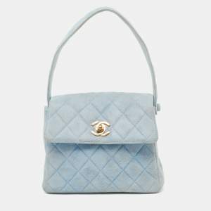 Pre Owned Chanel Light Blue Quilted Suede Vintage Mini Flap Bag