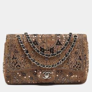 Pre Owned Chanel Brown Suede Medium Classic Crystal Embellished Single Flap Bag