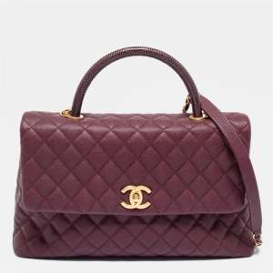 Chanel Burgundy Quilted Caviar Leather And Lizard Medium Coco Top Handle Bag