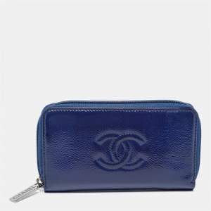 Chanel Blue Patent Leather CC Timeless Zip Around Wallet