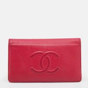 Chanel Red Caviar Leather CC Bifold Long Wallet