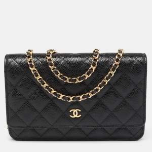 Chanel Black Quilted Caviar Leather Wallet On Chain
