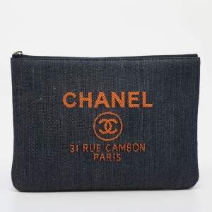 Pre Owned Chanel Navy Blue Denim Deauville Clutch