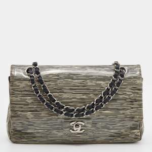 Pre Owned Chanel Black/White Striped Patent Leather Medium Classic Double Flap Bag