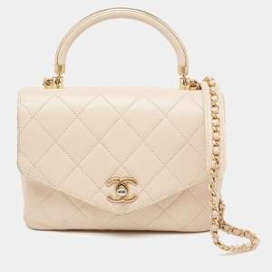 Pre Owned Chanel Beige Quilted Leather Small Gold Metal Top Handle Bag