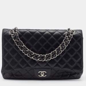 Pre Owned Chanel Black Quilted Caviar Leather Jumbo Classic Single Flap Bag