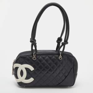 Pre Owned Chanel Black/White Quilted Leather Cambon Ligne Bowler Bag