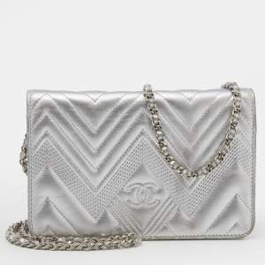 Chanel Metallic Silver Quilted Leather CC Wallet on Chain