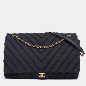 Pre Owned Chanel Black Chevron Canvas XXL Patchwork Flap Bag