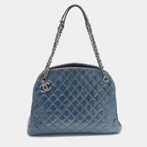 Pre Owned Chanel Blue Quilted Crackled Leather Large Just Mademoiselle Bowling Bag