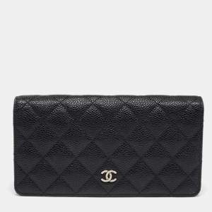Chanel Black Quilted Caviar Leather Yen Continental Wallet