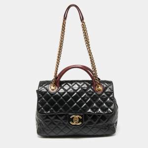 Chanel Black/Burgundy Quilted Glazed Leather Medium Castle Rock Top Handle Bag
