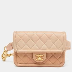 Pre Owned Chanel Ombre Beige Quilted Caviar Leather CC Flap Belt Bag