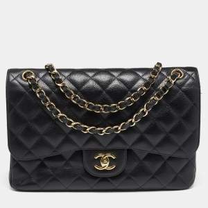 مملوكة مسبقًا Chanel Black Quilted Caviar Leather Jumbo Classic Double Flap Bag