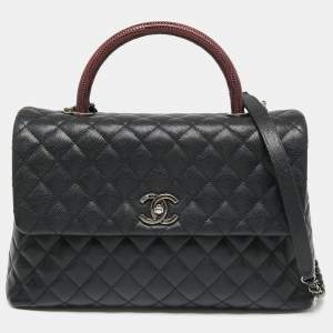 Pre Owned Chanel Black Caviar Leather Maxi Coco Top Handle Bag