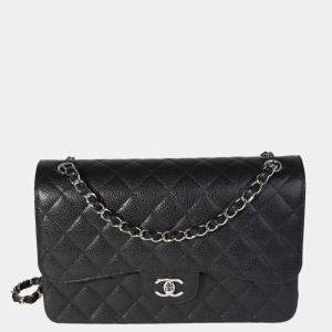 مملوكة مسبقًا Chanel Black Quilted Caviar Leather Jumbo Classic Double Flap Shoulder Bag