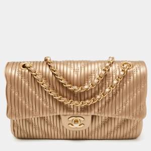 Pre Owned Chanel Gold Pleated Leather Medium Classic Double Flap Bag