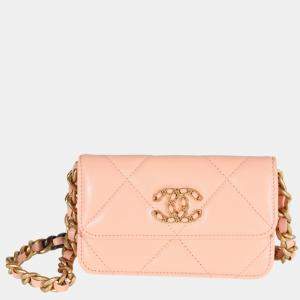 Chanel Beige Quilted Lambskin Chanel 19 Mini Coin Purse With Chain