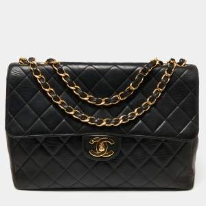 Pre Owned Chanel Black Quilted Leather Jumbo Classic Single Flap Bag