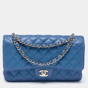 مملوكة مسبقًا Chanel Iridescent Blue Quilted Caviar Leather Medium Classic Double Flap Bag
