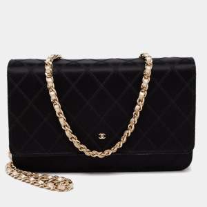 Chanel Black/Gold Quilted Satin and Leather Classic Flap Wallet on Chain