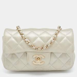 Pre Owned Chanel Champagne Gold Iridescent Quilted Leather Extra Mini Classic Flap Bag 