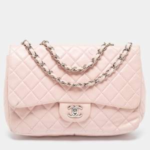 Pre Owned Chanel Pink Quilted Leather Jumbo Classic Single Flap Bag