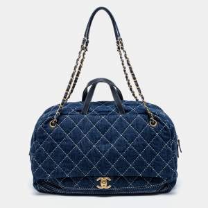 Pre Owned Chanel Blue Quilted Denim Large Bowling Bag