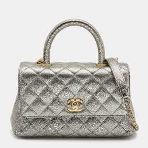Pre Owned Chanel Metallic Quilted Caviar Leather Mini Coco Top Handle Bag
