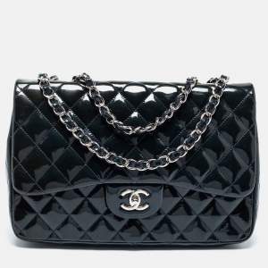Pre Owned Chanel Navy Blue Quilted Patent Leather Jumbo Classic Single Flap Bag