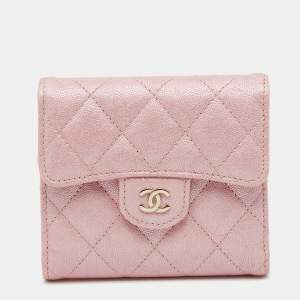 Chanel Iridescent Pink Quilted Caviar Leather Classic Trifold Flap Wallet