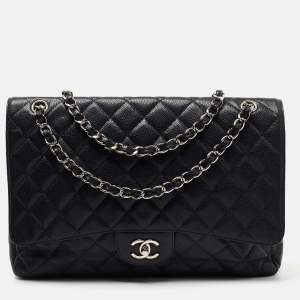Pre Owned Chanel Black Quilted Caviar Leather Maxi Classic Single Flap Bag