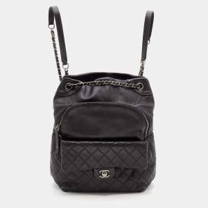 Pre Owned Chanel Black Quilted Leather Small Drawstring CC Flap Backpack 